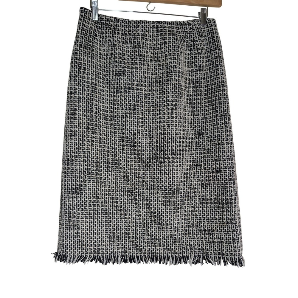 Harve Benard Wool Blend Tweed Fringe Pencil Skirt Black White Womens 10 99M 8640